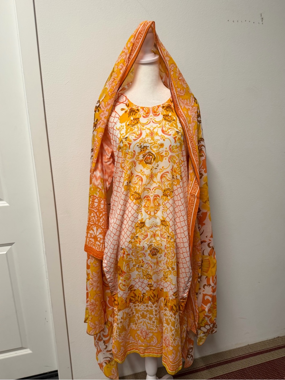 Orange Yellow Floral Pakistani 2 Piece Shalwar Kameez Suit with Dupatta